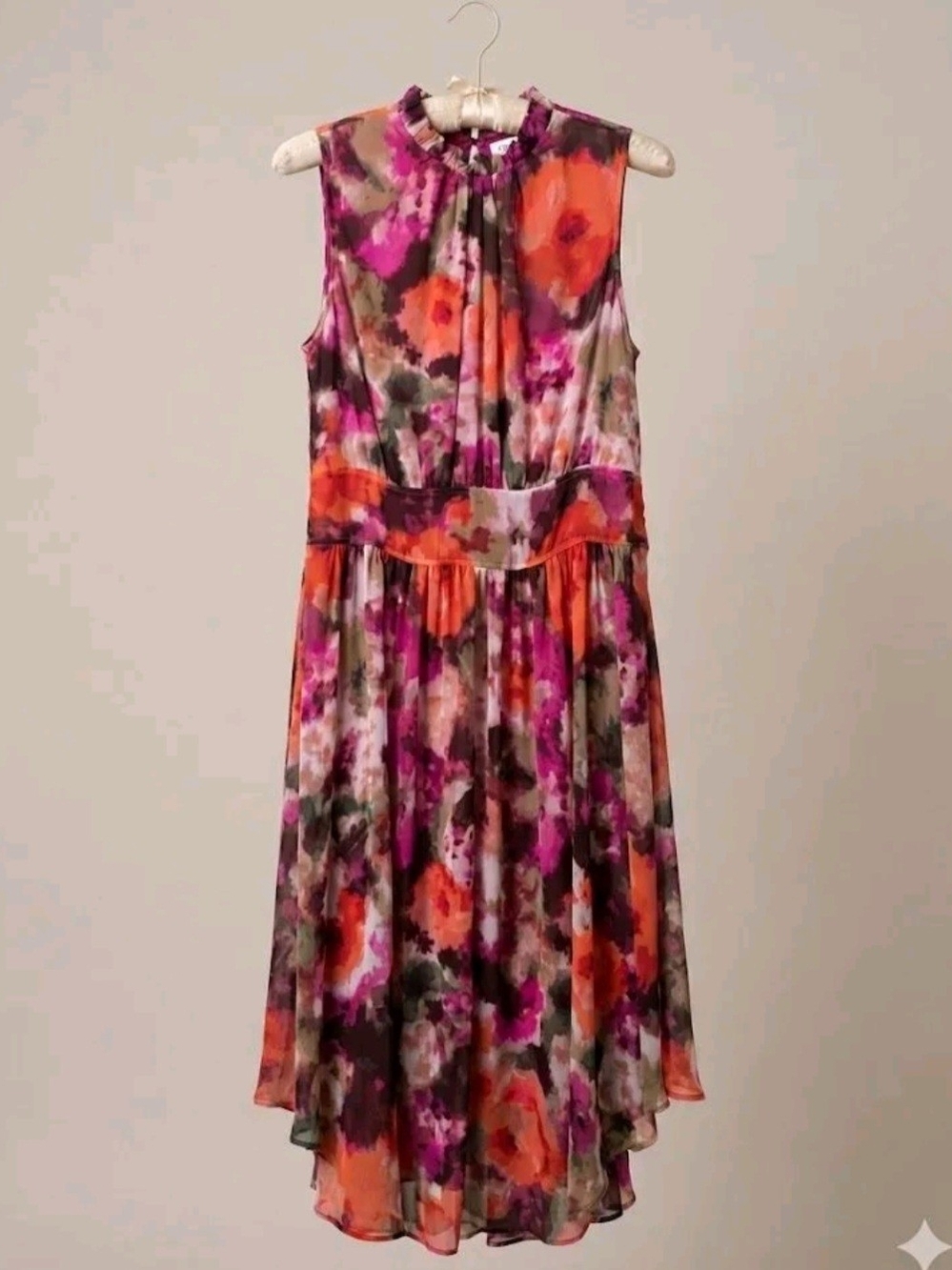 Calvin Klein Sleeveless Floral Midi Dress in Pink, Orange & Green
